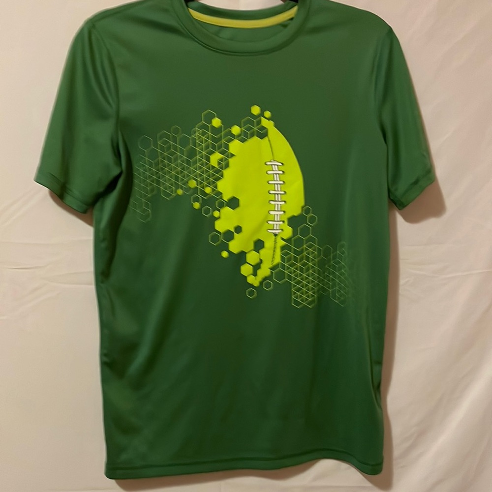 Green T-shirt with front football design.